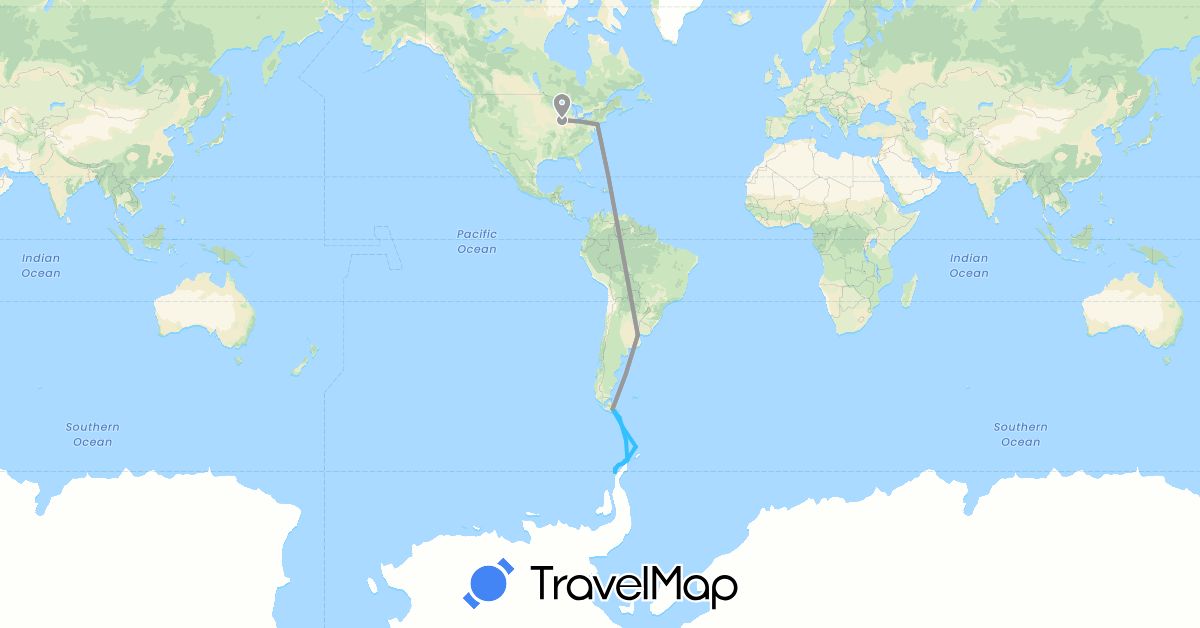 TravelMap itinerary: driving, plane, boat in Argentina, United States (North America, South America)