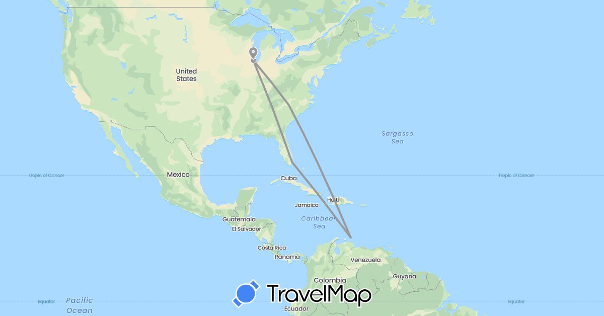 TravelMap itinerary: driving, plane in Curaçao, United States (North America, South America)