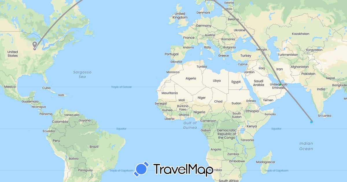 TravelMap itinerary: driving, bus, plane, boat in United Arab Emirates, Maldives, United States (Asia, North America)