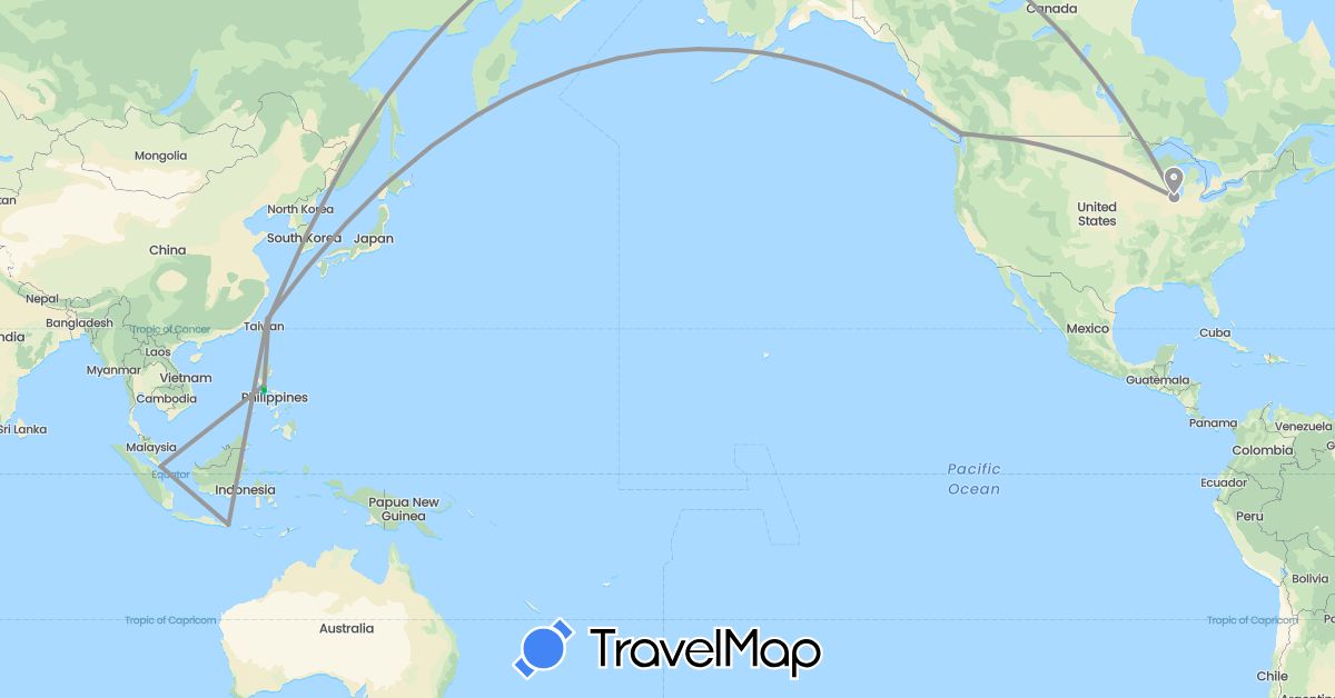 TravelMap itinerary: driving, bus, plane, boat in Canada, Indonesia, Philippines, Singapore, Taiwan, United States (Asia, North America)