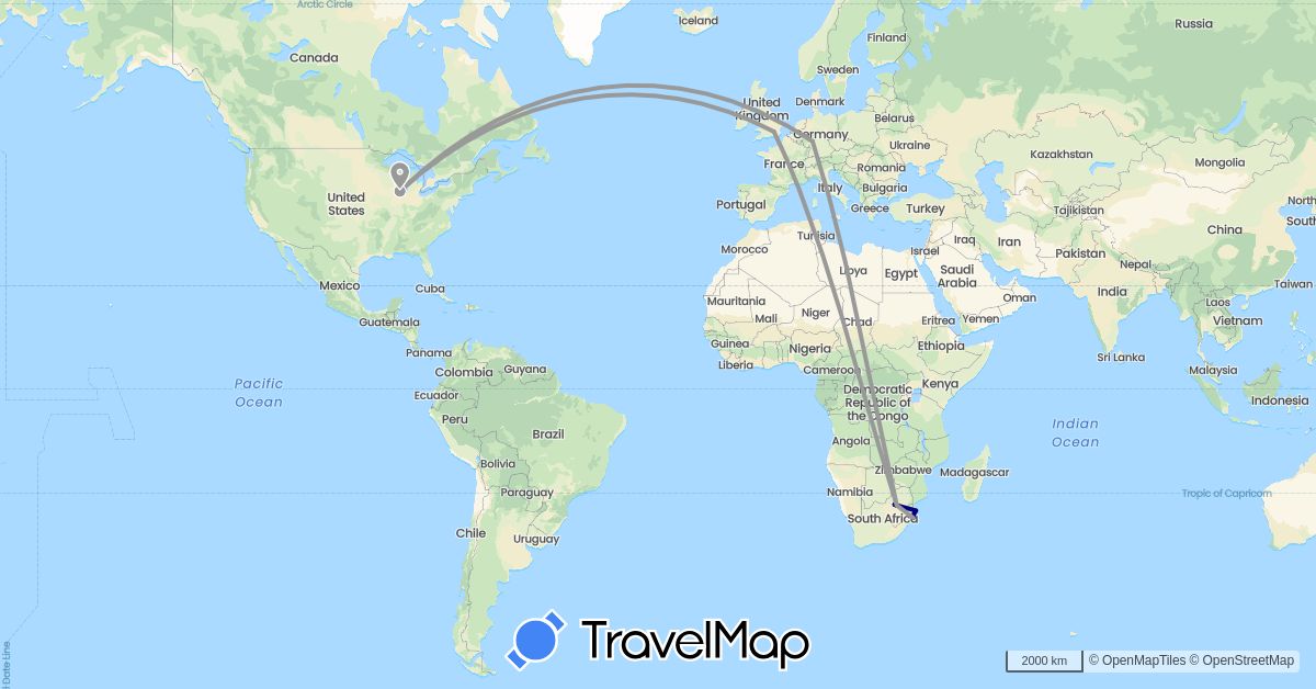 TravelMap itinerary: driving, plane in Germany, United Kingdom, United States, South Africa (Africa, Europe, North America)