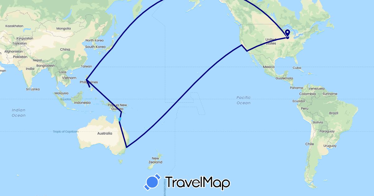 TravelMap itinerary: driving, boat in Australia, Japan, Papua New Guinea, Philippines, United States (Asia, North America, Oceania)
