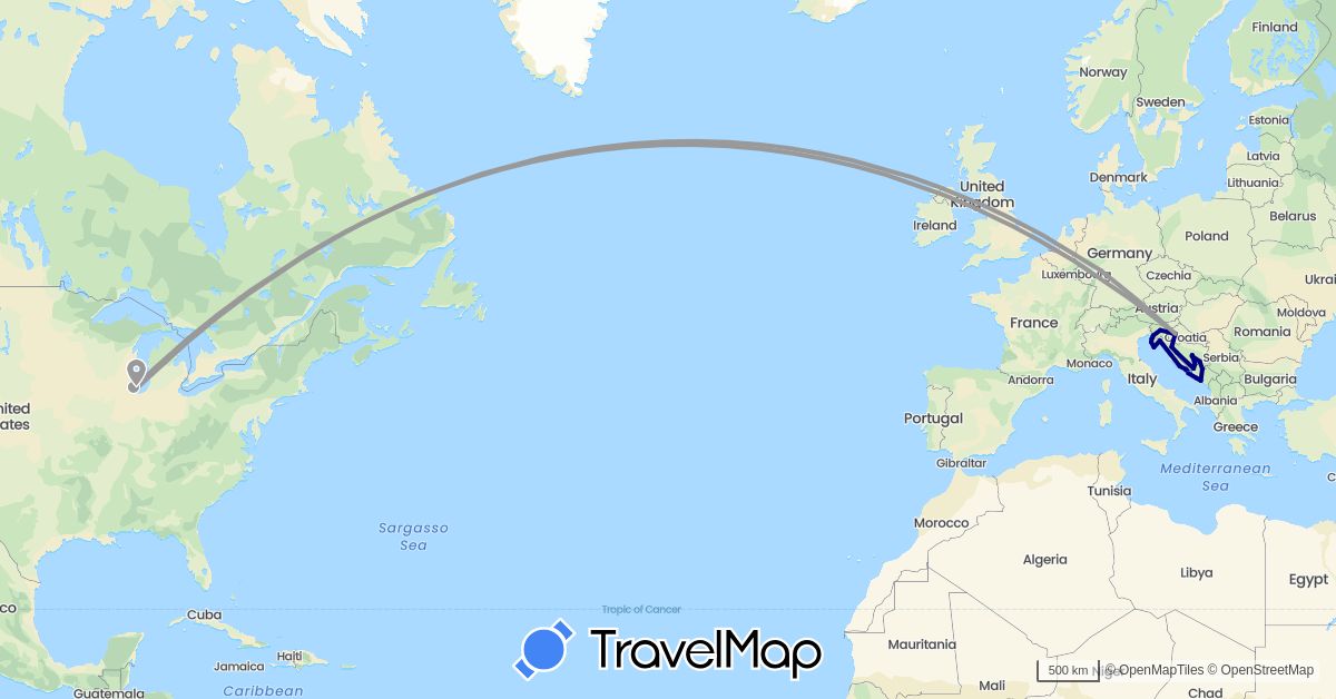 TravelMap itinerary: driving, plane, boat in Bosnia and Herzegovina, Germany, Croatia, Italy, Montenegro, Slovenia, United States (Europe, North America)